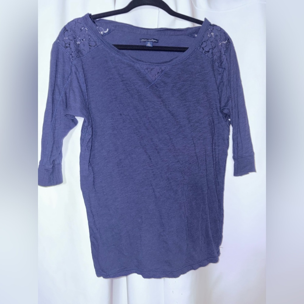 American Eagle Outfitters Navy Lace-Shoulder 3/4 Sleeve Tee